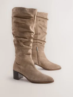 Taupe Brown Suede - Forever Comfort® Slouchy Knee High Block Heeled Boots