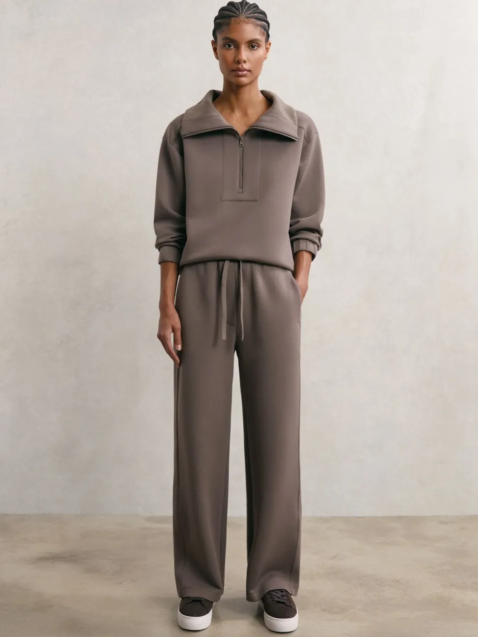 Taupe bruin - Reiss Laney Premium Interlock Wide-Leg Joggers
