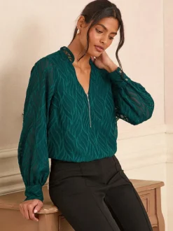 Teal Blue Burnout - Love & Roses - Blouse met lange mouwen en rits aan de voorkant