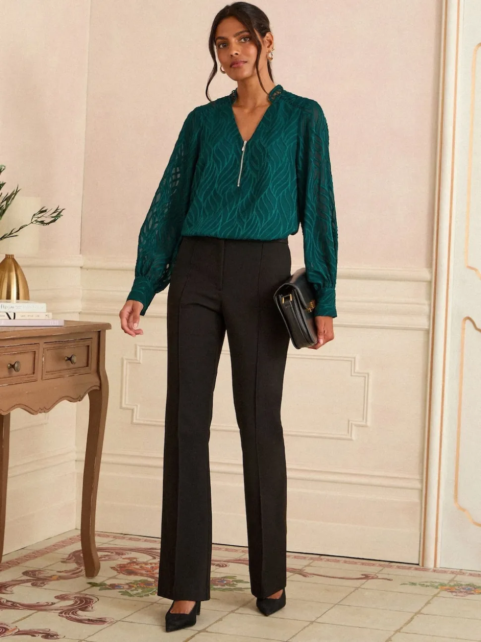 Teal Blue Burnout - Love & Roses - Blouse met lange mouwen en rits aan de voorkant