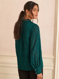 Teal Blue Burnout - Love & Roses - Blouse met lange mouwen en rits aan de voorkant