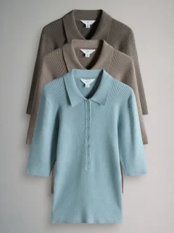 The Set 3 Pack Knitted Ribbed Polo Tops