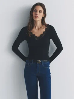 The Set 4 Pack Long Sleeve V-Neck Ribbed Lace Trim T-Shirt
