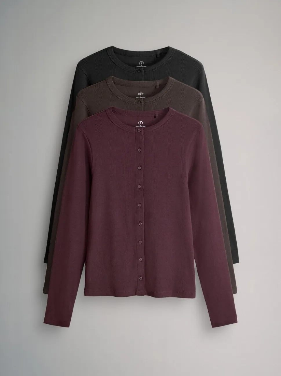 The Set 3 Pack Long Sleeve Button Through Rib T-Shirt