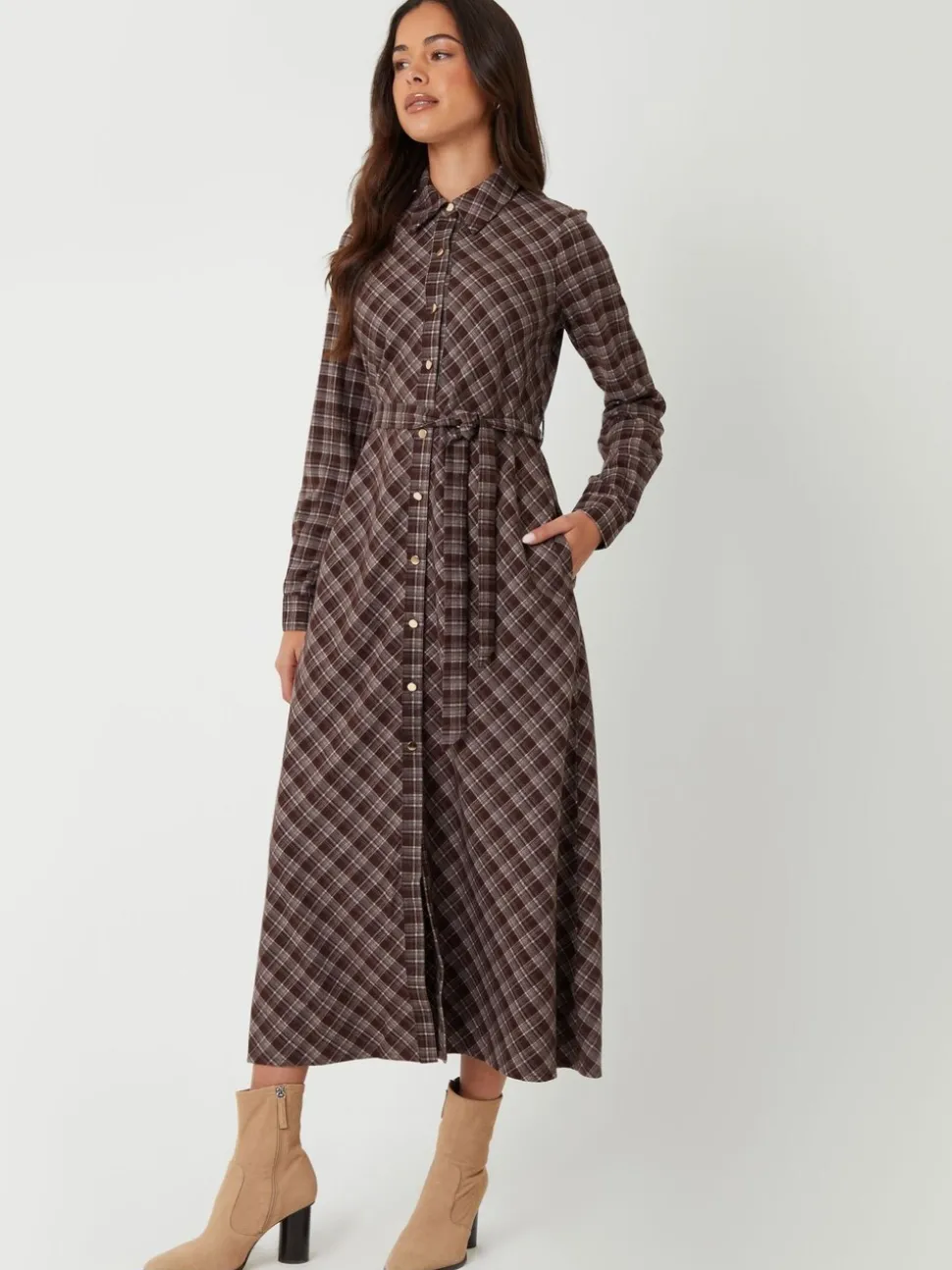 Threadbare Check Belted Midi Shirt Dress
