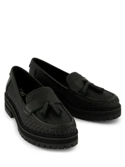 TOMS Cara Loafers in Black Woven PU with Tassel