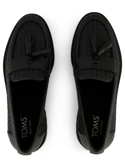 TOMS Cara Loafers in Black Woven PU with Tassel