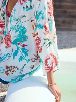 Turquoise Floral Print - Korte kimonotuniek