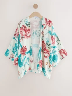 Turquoise Floral Print - Korte kimonotuniek
