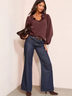 Vijgpaars - Friends Like These Long Sleeve Button Front Ruffle Blouse