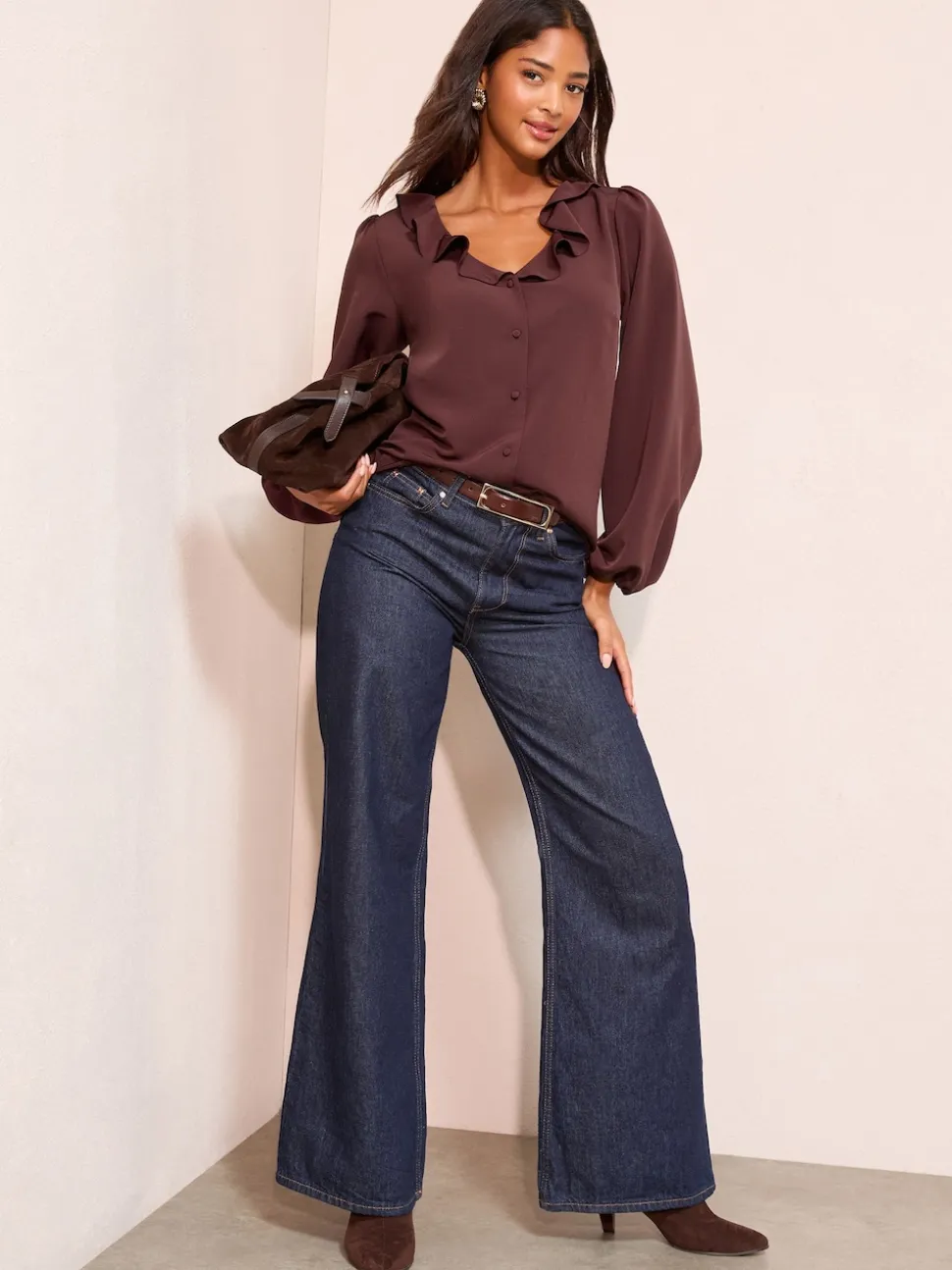 Vijgpaars - Friends Like These Long Sleeve Button Front Ruffle Blouse