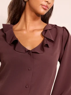 Vijgpaars - Friends Like These Long Sleeve Button Front Ruffle Blouse