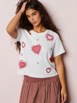 Wit - Embellished Heart Short Sleeved Crew Neck Top