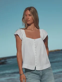 Wit - Flutter Sleeve Button Front Top With Linen