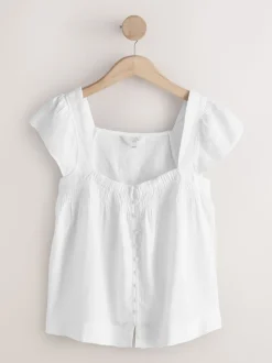 Wit - Flutter Sleeve Button Front Top With Linen