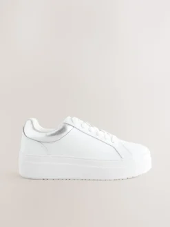 Wit - Leren sneakers met ronde neus en dikke vetersluiting