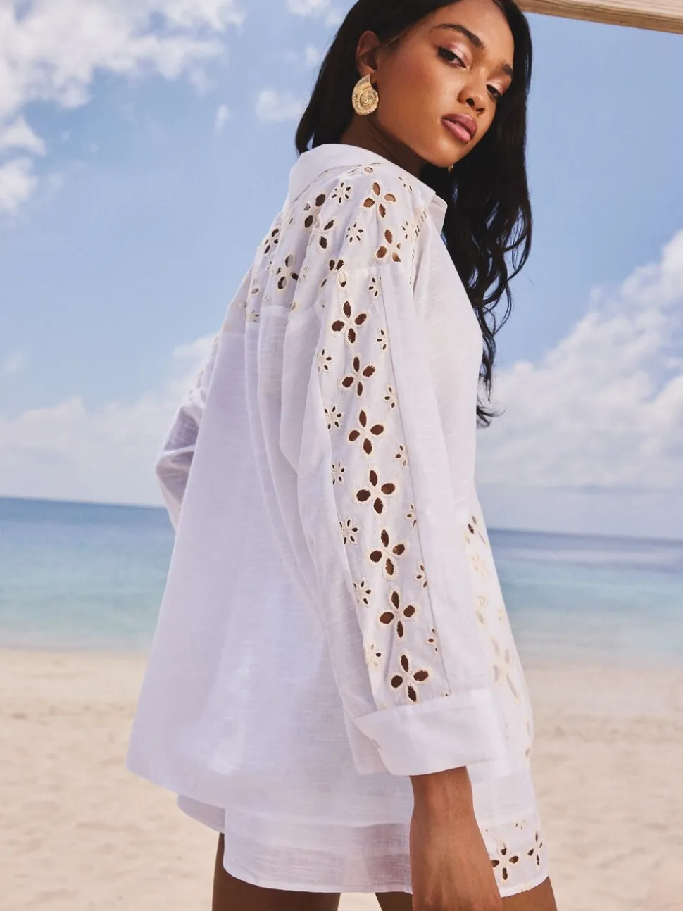 Wit - Lipsy ruimvallend strandoverhemd met broderie van 100% katoen