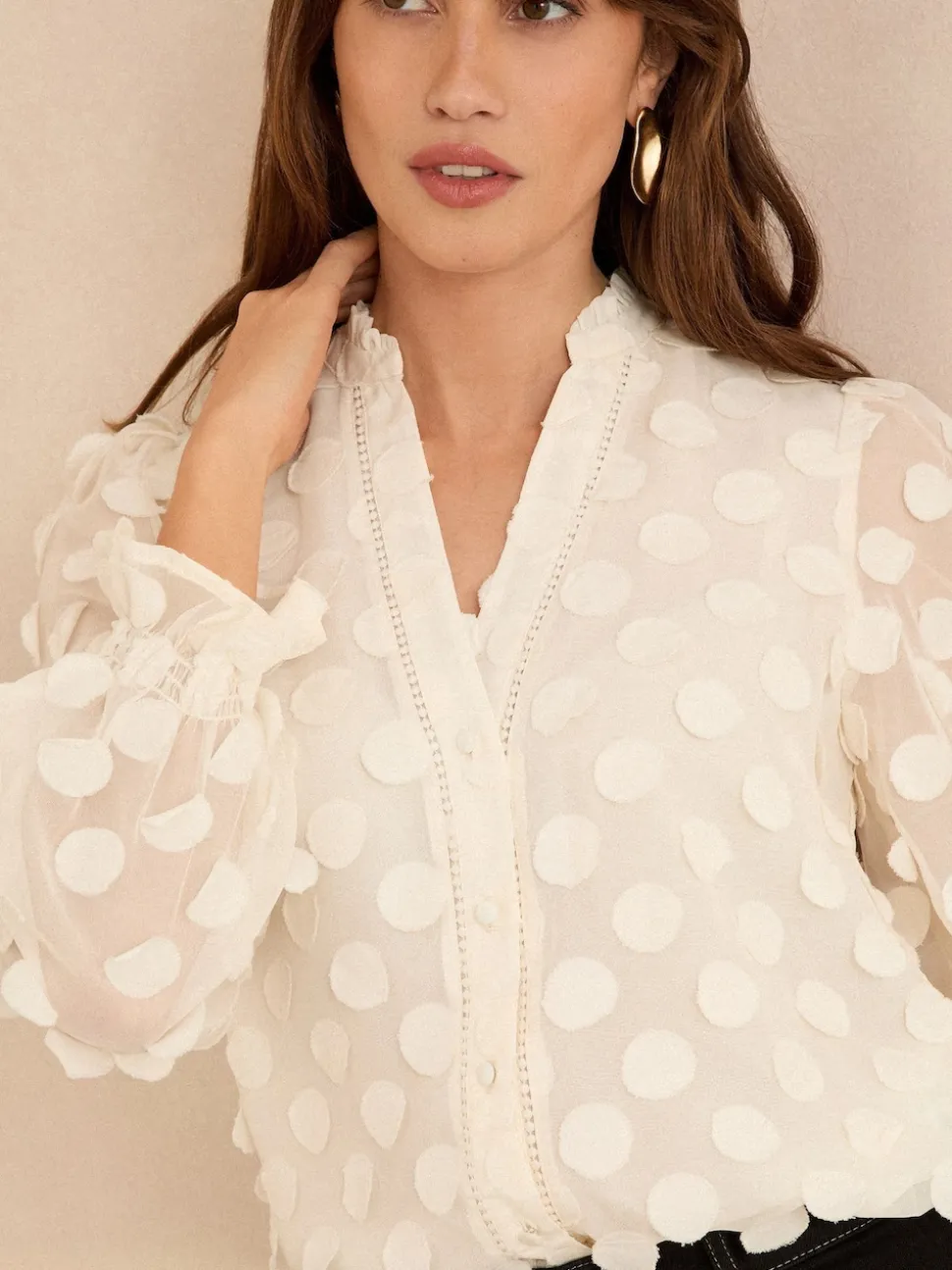 Wit - Love & Roses 3D blouse met lange mouwen en stippen