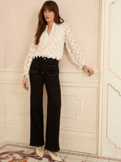 Wit - Love & Roses 3D blouse met lange mouwen en stippen