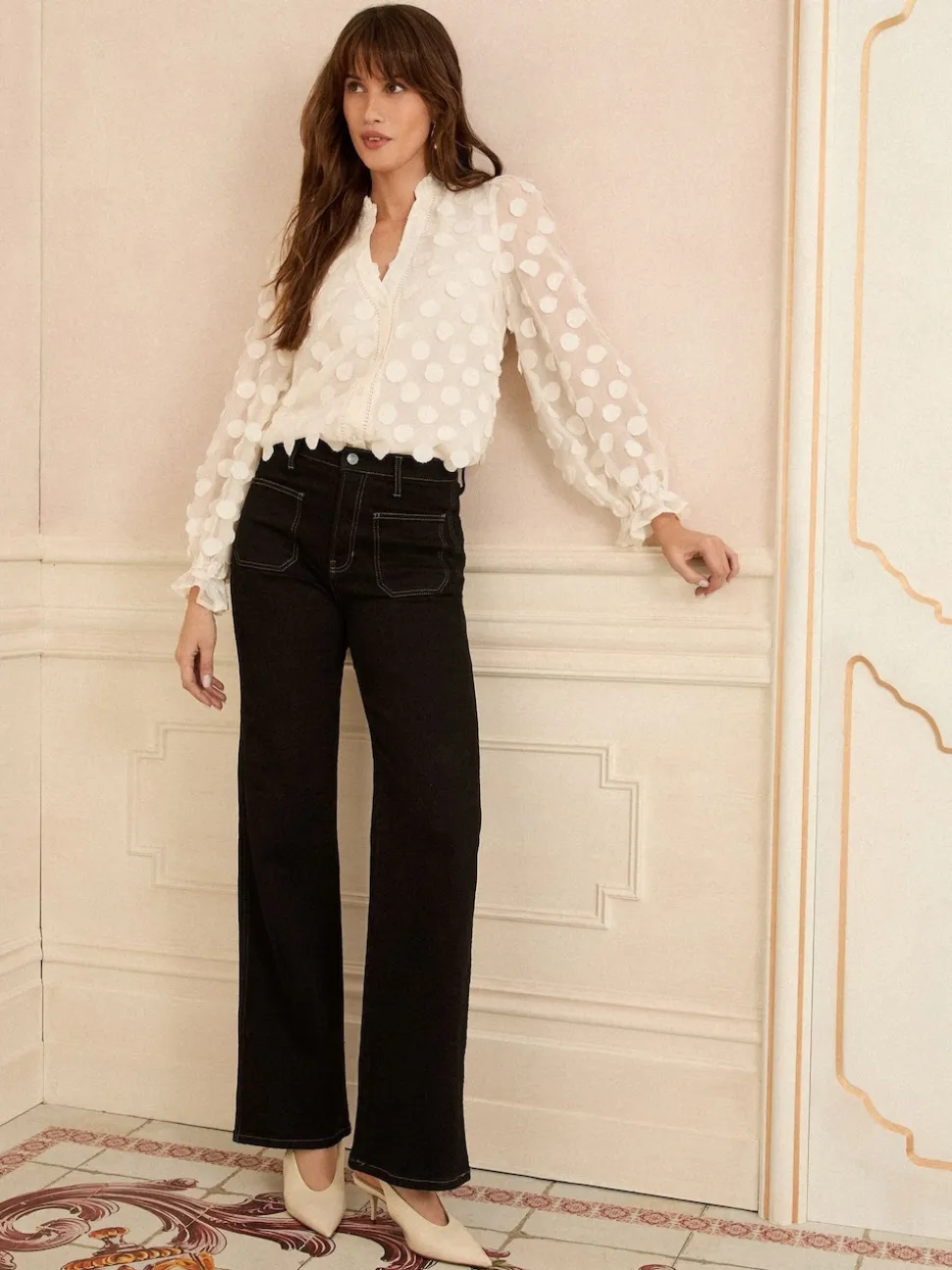 Wit - Love & Roses 3D blouse met lange mouwen en stippen