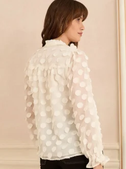 Wit - Love & Roses 3D blouse met lange mouwen en stippen