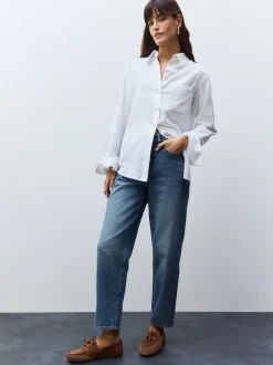 Wit - Ruimvallend 100% katoenen button-down casual overhemd met lange mouwen