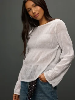 Wit - Shirred Long Sleeve Crew Neck Top