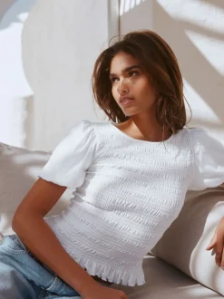 Wit - Shirred Short Sleeve Crew Neck Top