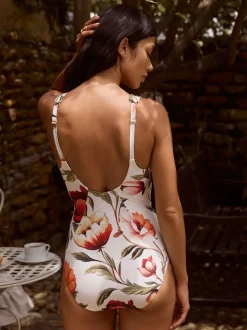 Wit en Rood Bloemen - Wrap Tummy Control Swimsuit