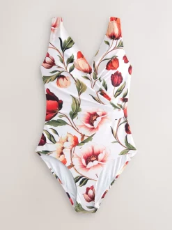 Wit en Rood Bloemen - Wrap Tummy Control Swimsuit