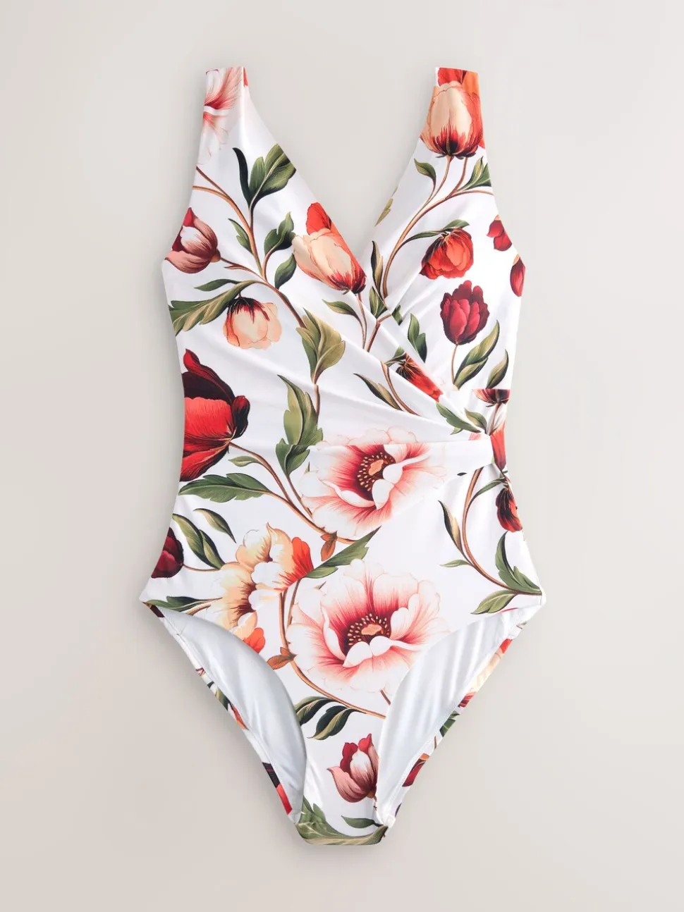Wit en Rood Bloemen - Wrap Tummy Control Swimsuit