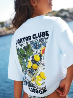 Wit/blauw - T-shirt met strandprint en grafische print