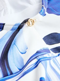 Wit/blauw porselein - Vormgevend, buikcorrigerend zwemjurk met rokje