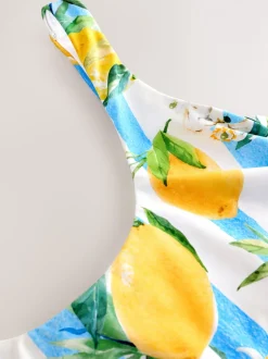 Wit/Blauw Strepen citroen Print - Buikcorrigerend DD+ badpak met beugels en ronde hals