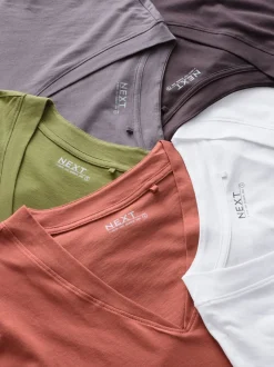 Wit/grijs/khaki/roest/bruin - Set van 5 T-shirts met V-hals en kapmouwen van 100% katoen