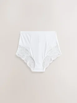 Wit/huidskleur - Verpakking van 2 Braziliaanse slipjes met kanten achterkant en buikcorrigerend effect en print