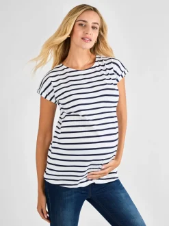 Wit/marineblauw gestreept - Jojo Maman Bébé - Katoenen boyfriend-T-shirt voor zwangerschap