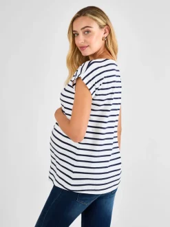 Wit/marineblauw gestreept - Jojo Maman Bébé - Katoenen boyfriend-T-shirt voor zwangerschap