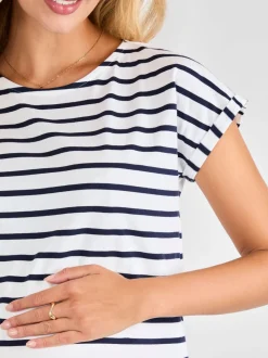 Wit/marineblauw gestreept - Jojo Maman Bébé - Katoenen boyfriend-T-shirt voor zwangerschap