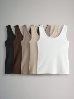 Wit/Zwart/Bruin/Taupebruin/Naturel - The Set van 5 geribbelde ronde hals hemdjes