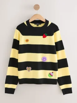 Yellow/Black Stripe Badge - Superzachte trui met ronde hals en lange mouwen
