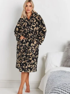 Yours Curve donzige badjas met sjaalkraag en dierenprint