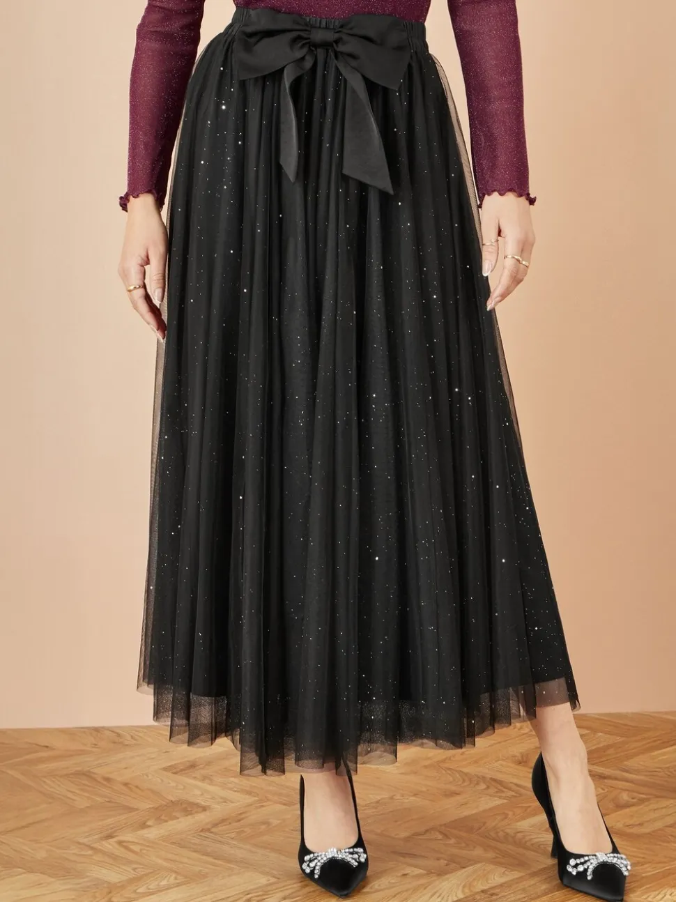 Yumi Sparkle Mesh Tulle Skirt With Satin Bow