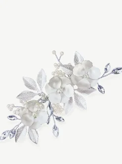 Zilver - Ivory & Co - Gardenia klem met kristallen, parels en geëmailleerde bloem