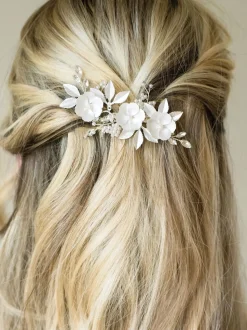 Zilver - Ivory & Co - Gardenia klem met kristallen, parels en geëmailleerde bloem