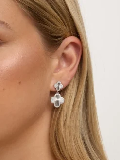 Zilver - Jon Richard Rhodium Plated and Diamond Clover Double Drop Earrings