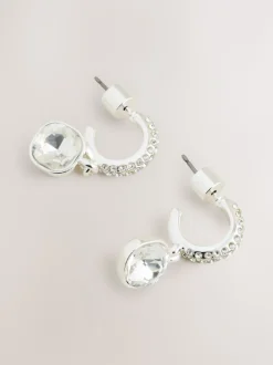 Zilverkleurig - Square Stone Drop Pavé Hoop Earrings