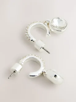 Zilverkleurig - Square Stone Drop Pavé Hoop Earrings