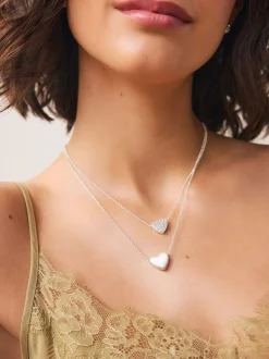 Zilverkleurig - Two Row Pavé Heart Necklace