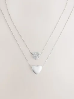 Zilverkleurig - Two Row Pavé Heart Necklace